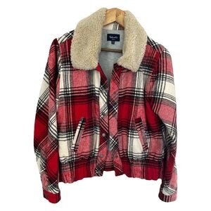 Revolve Splendid Eastwood Jacket in Eastwood Plaid True Red Sherpa Collar Small